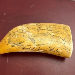 SCRIMSHAW REPLICA RESIN SPERM WHALE TOOTH SHOAL OF WHALES ARTEK MS ANCHOR LOGO